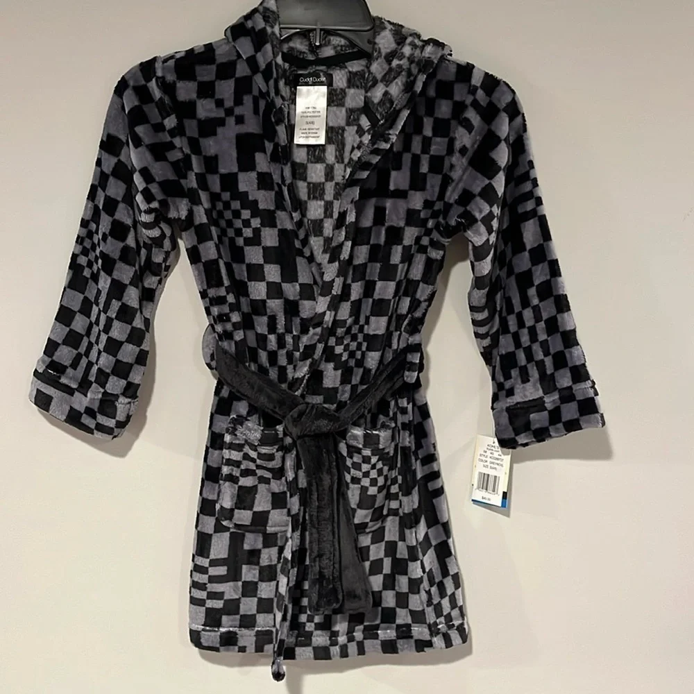 🆕 Cuddl Duds Boys Hooded Robe Black Gray Checkered S(4-6) Belted Cozy Winter